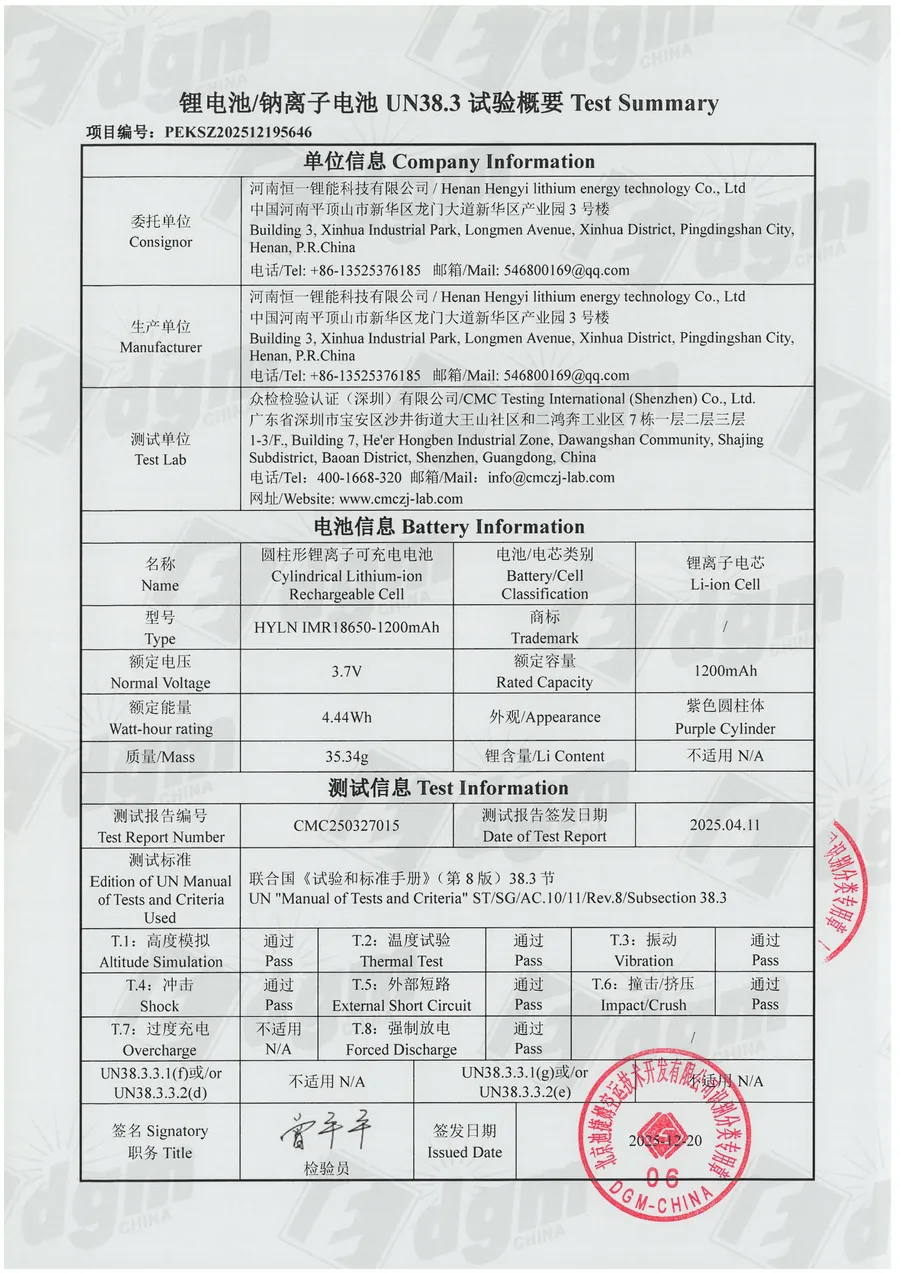UN 38.3 test report, 1200 mAh